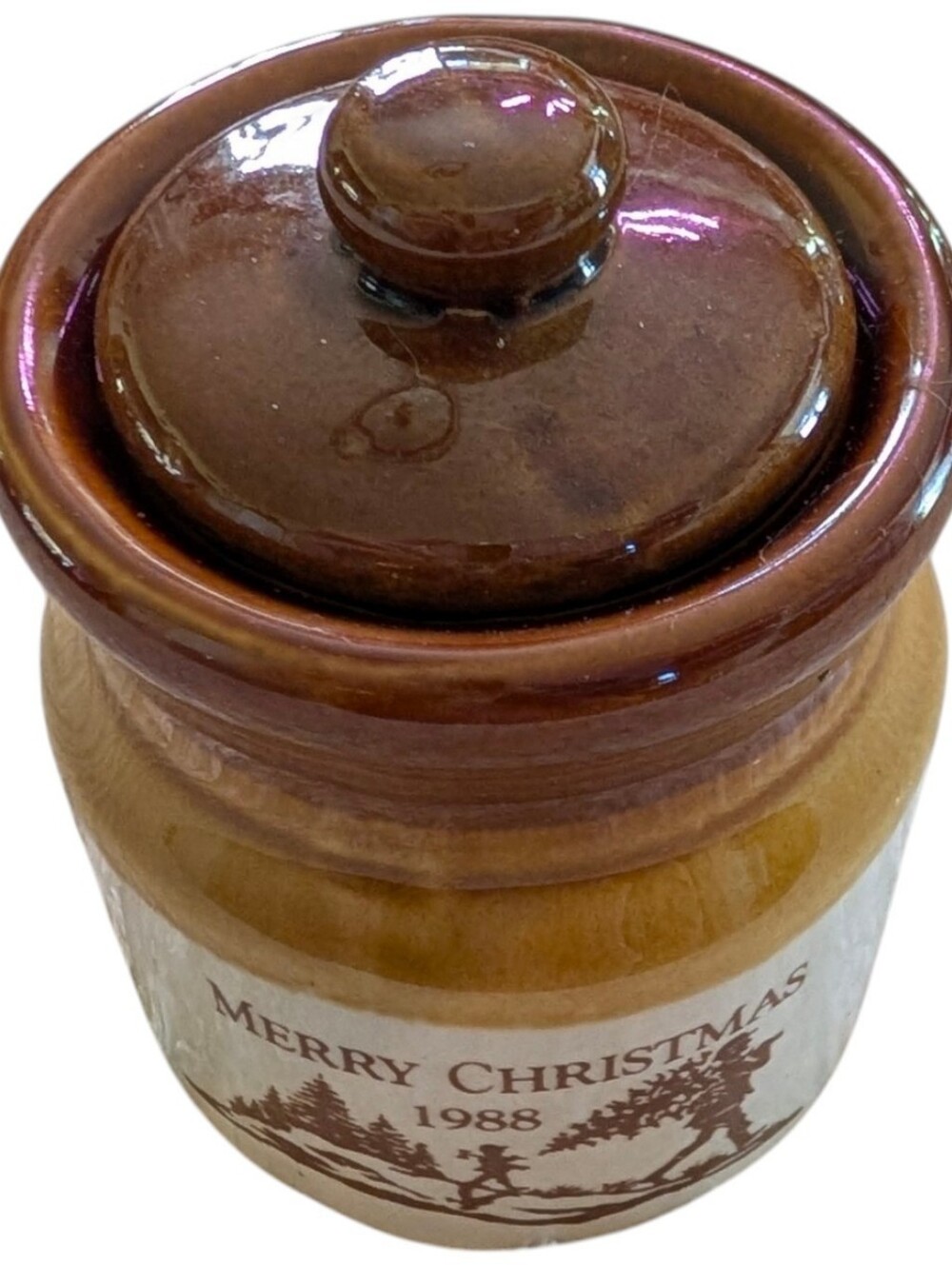 Merry Christmas 1988 Ceramic Canister - Brown & Tan